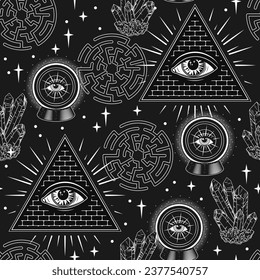 Seamless monochrome pattern with labyrinth, crystal, magic ball, all seeing eye in pyramid Concept of future prediction, wisdom, knowledge, extended mind. Mystic surreal illustration. Not AI