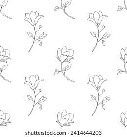 Patrón monocromo sin inconvenientes con magnolia. Flor de contorno dibujada a mano aislada en blanco. Patrón de repetición floral