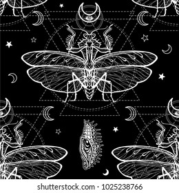 Seamless monochrome pattern: mantis ghost, larva, sacred geometry. Esoteric, mysticism, occultism. Vector illustration.