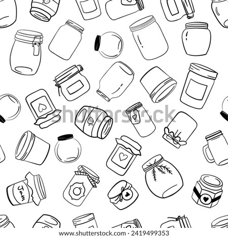 Seamless monochrome pattern with  mason jar. Jars with lid, label, ribbon. Vector illustration in outline doodle style