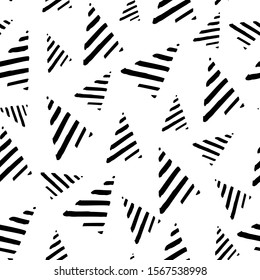 Seamless monochrome pattern with minimalistic hand drawn black Christmas tree isolated on white background. New Year minimal concept. Vector illustration. Card, invitation, banner, wrapping, prints