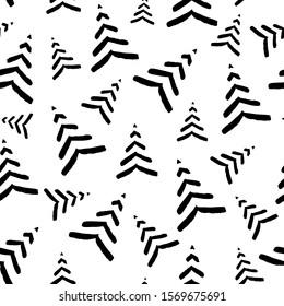 Seamless monochrome pattern with minimalistic hand drawn black Christmas tree isolated on white background. New Year minimal concept. Vector illustration. Card, invitation, banner, wrapping, prints