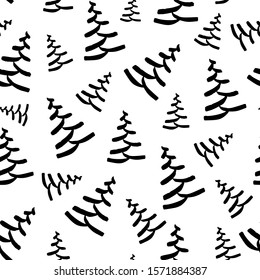 Seamless monochrome pattern with minimalistic hand drawn black Christmas tree isolated on white background. New Year minimal concept. Vector illustration. Card, invitation, banner, wrapping, prints