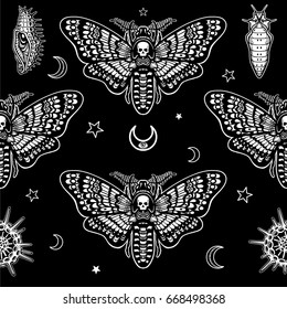 Seamless monochrome pattern: moth Dead Head, radiolaria, symbols of the moon. White drawing on a black background. Vector illustration.