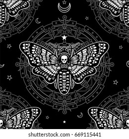 Seamless monochrome pattern: moth Dead Head, mystical circle, symbols of the moon. White drawing on a black background. Vector illustration.