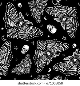 Seamless monochrome pattern: moth Dead Head, skull, moon, stars.  Esoteric, mysticism, occultism. Vector illustration.