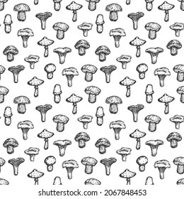 Seamless monochrome pattern with mushrooms isolated on white background. Template for branding fresh organic food, textile, ads. Vector illustration.