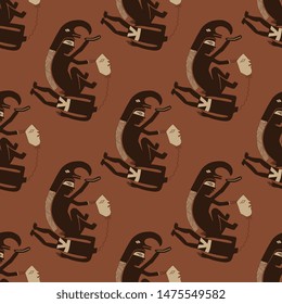 Seamless monochrome pattern with Native American tribal motifs from Mimbres pottery. Decapitation of a captive. Scene of ritual sacrifice. 