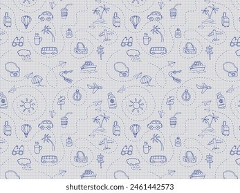 Seamless monochrome pattern on checkered paper. Icon set of elements for summer vacation travel, hand drawn vector doodles in line style. Line contour  in sketch style.