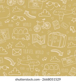 Padrão monocromático contínuo em papel xadrez. Conjunto de ícones de elementos para viagem de férias de verão, rabiscos vetoriais desenhados à mão em estilo de linha. Contorno da linha no estilo de esboço.