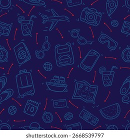 Padrão monocromático contínuo em papel xadrez. Conjunto de ícones de elementos para viagem de férias de verão, rabiscos vetoriais desenhados à mão em estilo de linha. Contorno da linha no estilo de esboço.