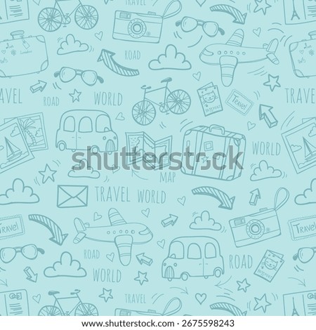 Seamless monochrome pattern on checkered paper. Icon set of elements for summer vacation travel, hand drawn vector doodles in line style. Line contour in sketch style.