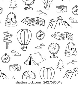 Seamless monochrome pattern on theme of hiking and summer travel, camping. Background with tent, mountains and air balloon