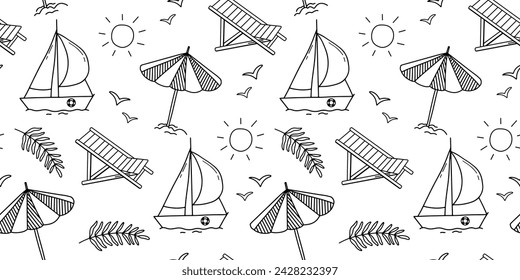 Seamless monochrome pattern on theme of summer beach holidays. Background with umbrella, sailboat, seagulls