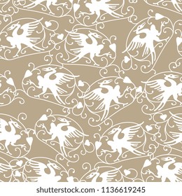 Seamless monochrome pattern with ornate silhouettes of stylized birds and floral motifs. 