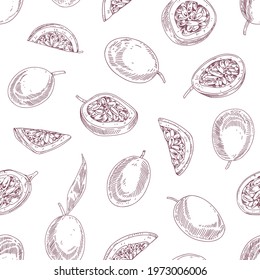 Seamless monochrome pattern with outlined passion fruits. Scattered passionfruits on white background. Endless texture with maracujas for printing and decoration. Hand-drawn vector illustration.