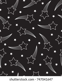 Seamless monochrome pattern of outlined shooting stars and small stars on a black background. Minimal hand-drawn line art style, ideal for wrapping paper, fabric, wallpaper, stationery, and kids or space themed designs.