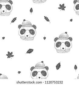 Seamless monochrome pattern with pada bear and leaves. Vector background for children.