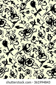 seamless monochrome pattern with painted roses, swirls and spots. vector illustration