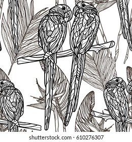 Seamless monochrome pattern with parrots and tropical leaves on white background. Vector illustration.