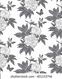 Seamless monochrome pattern. Peonies and butterflies.