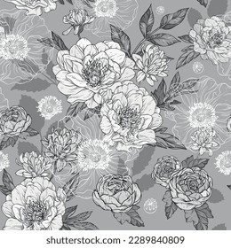 Seamless monochrome pattern with peonies and leaves, flower buds. Line art, vintage graphics.