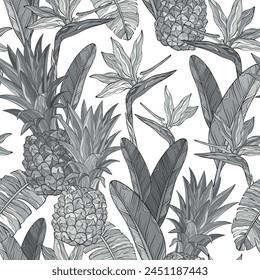 Patrón monocromo sin costuras con flores de pájaro de piña del paraíso y hojas de palma verde. Ilustración de hojas tropicales con frutas y flores exóticas