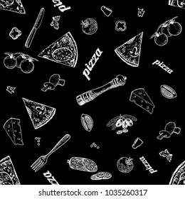 Seamless monochrome pattern pizza with olives, cheese, tomatoes and cutlery. Black background.