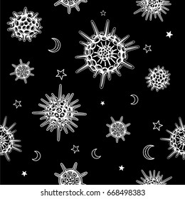 Seamless monochrome pattern: radiolarias of different forms, symbols of the moon. White drawing on a black background. Vector illustration.