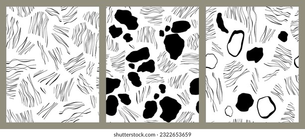 Juego de patrones monocromo sin inconvenientes.Formas abstractas, manchas negras de vaca, rayas negras sobre blanco.  Textura de dibujos animados. Ilustración vectorial simple.Puede utilizarse para fondo de escritorio, patrón de relleno, fondo de página web