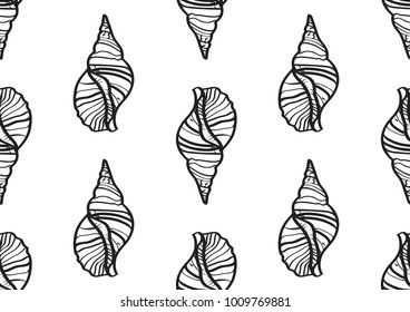Seamless monochrome pattern with shells contour. Summer and sea theme 