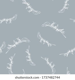 Seamless monochrome pattern with silhouetted bird's feathers. Hand drawn sketches.