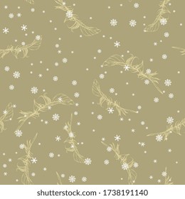Seamless monochrome pattern with silhouetted bird's feathers and snowflakes. Beautiful  winter motif. Hand drawn sketches.