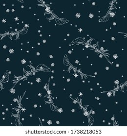 Seamless monochrome pattern with silhouetted bird's feathers and snowflakes. Beautiful  winter motif. Hand drawn sketches.