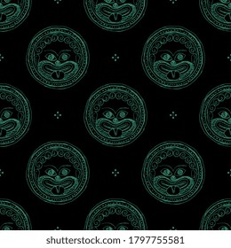 Seamless monochrome pattern with silhouetted heads of Medusa Gorgon. Ancient Greek ethnic motif. Hand drawn rough sketches.