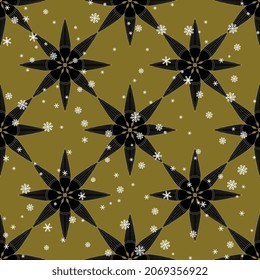 Patrón monocromo sin foco con estrellas de silueta y copos de nieve. Diseño estacional de invierno navideño. Silueta negra sobre fondo dorado.