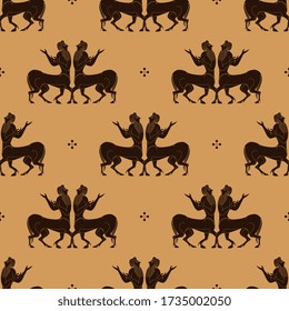 Seamless monochrome pattern with silhouettes of ancient Greek Greek centaurs. Fantastic horse man.