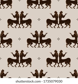 Seamless monochrome pattern with silhouettes of ancient Greek Greek centaurs. Fantastic horse man.