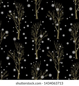 Seamless monochrome pattern with silhouettes of bare trees and snowflakes. Hand drawn sketch.