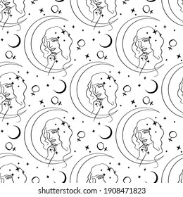 Seamless monochrome pattern with single line drawing of woman portrait with moon and stars and planet venus sign. On white background. Stock vector illustration.