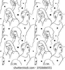 Seamless monochrome pattern with single line drawing of woman portrait with stars. Isolated on white background. Stock vector illustration.