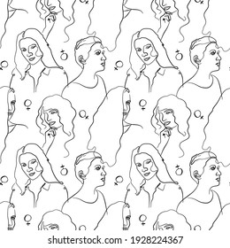 Seamless monochrome pattern with single line drawing of woman portrait with planet venus sign. Isolated on white background. Stock vector illustration.