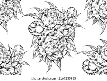 Nahtlose monochrome Muster mit einer Skizze aus mehreren Zöpfen auf weißem Hintergrund. Vektorbotanische Textur mit Zeichnung eines Blumenstraums und Blattwerk für Tapeten. Naturgewebe