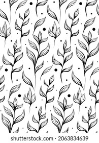 Seamless monochrome pattern with sketches of stems with foliage and dots on white background. Vector outline herbal texture with branch and leaves. Contour natural wallpaper