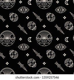 Seamless monochrome pattern with skull, eyes, dagger, moon on the dark background