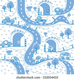 Seamless monochrome pattern of small funny cars on the road with trees and grass area. Children vector illustration