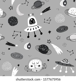 Seamless monochrome pattern with space elements, moon, planet, star, ufo, constellation. Creative vector childish texture. Perfect for apparel, textile, fabric, wallpaper.