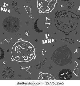 Seamless monochrome pattern with space elements, moon, planet, star, constellation. Creative vector childish texture. Perfect for apparel, textile, fabric, wallpaper.