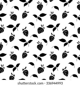 Seamless monochrome pattern with strawberries and leaves. Vector.