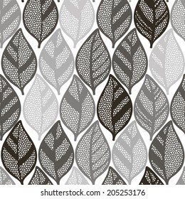 Seamless monochrome pattern with striped abstract leaves.